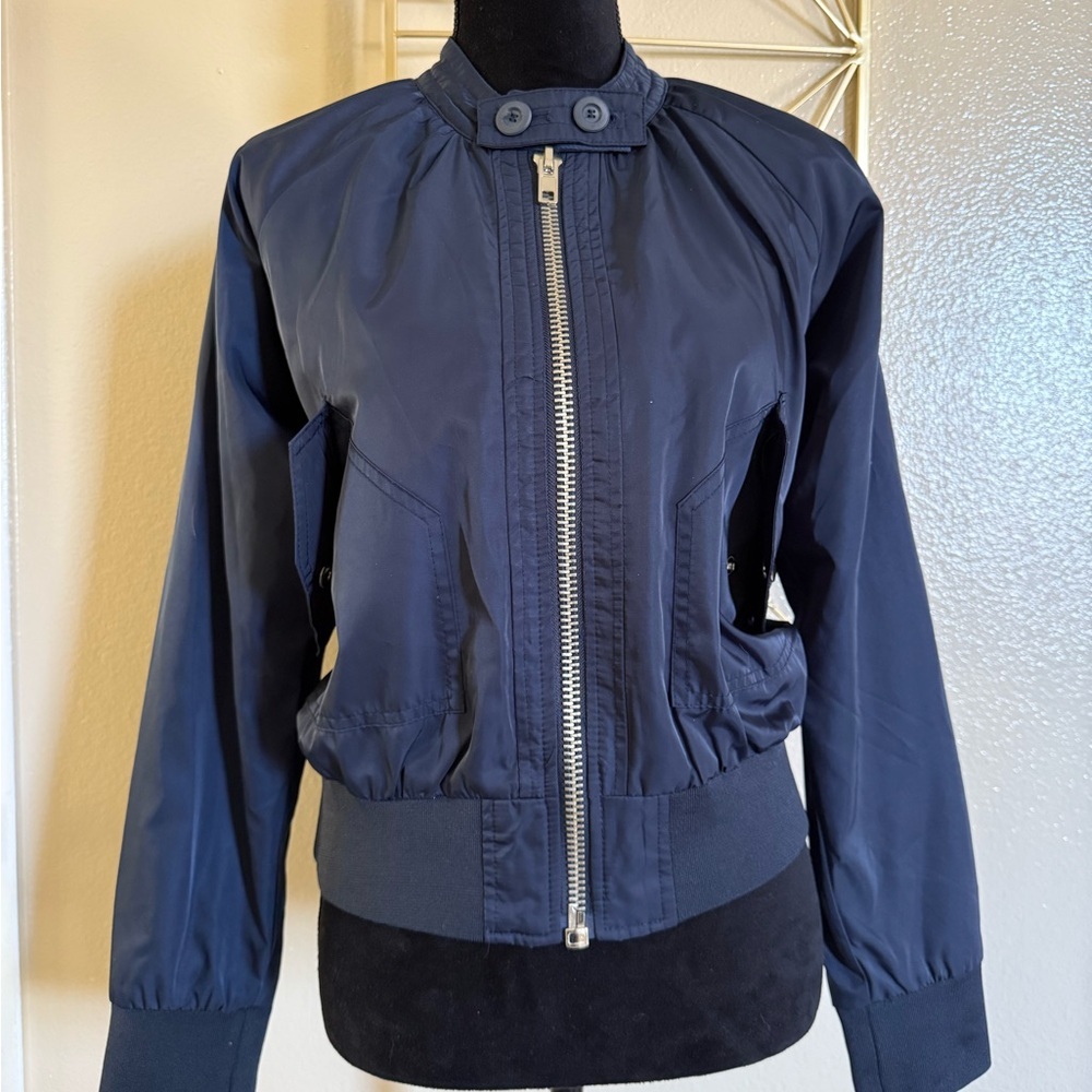 Free People Midnight Bomber Jacket Full Zip Sateen Navy Blue size Small - Picture 2 of 7